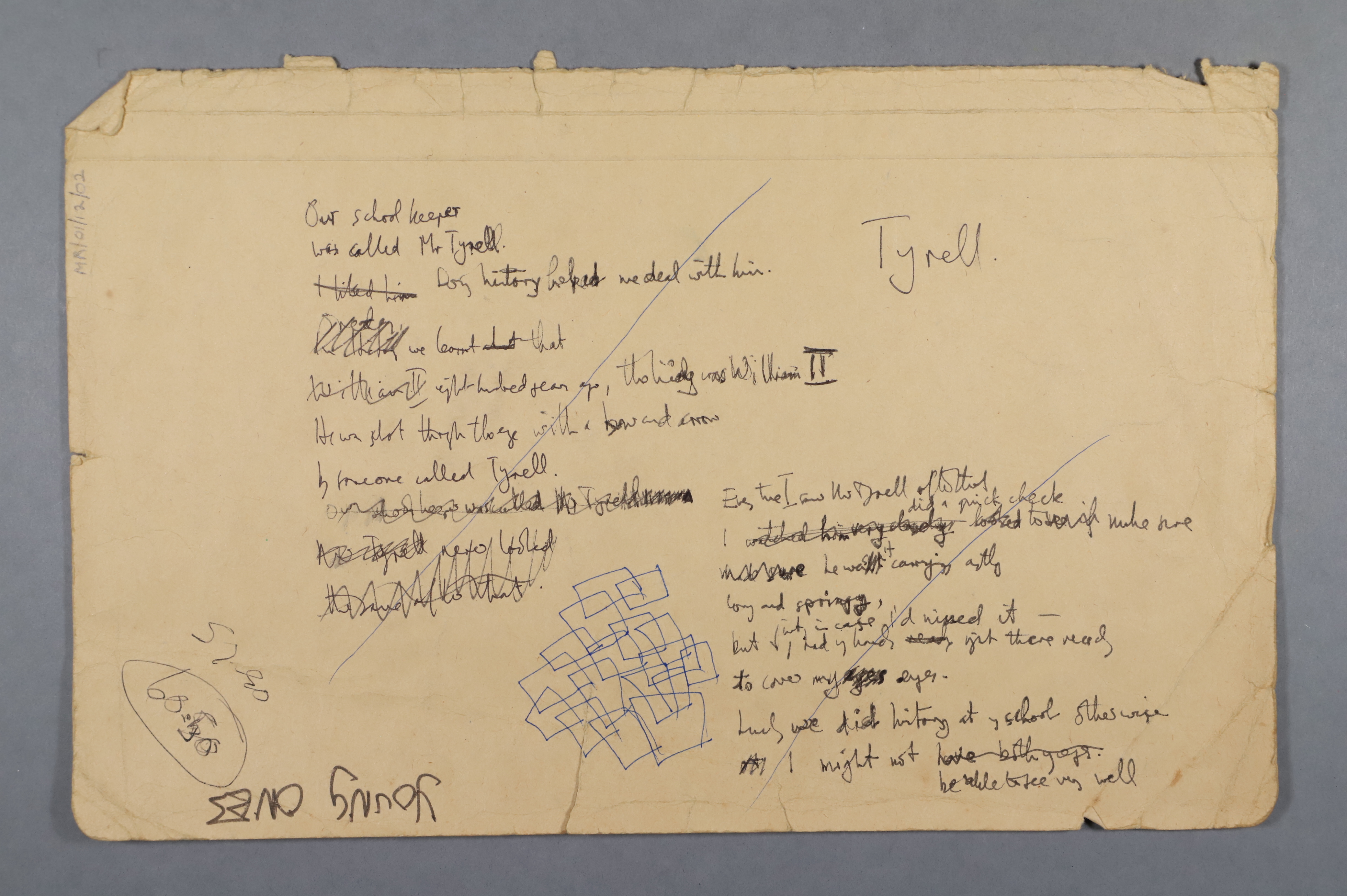 A manuscript draft of a poem on a scrap of paper in black ink, crossed out in blue ink.